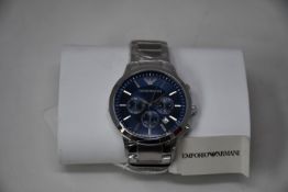 A men's as new Emporio Armani AR2448 stainless steel blue dial chronograph watch (No box).