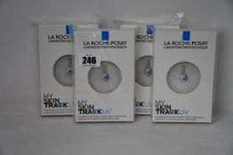 Four boxed as new La Roche-Posay My Skin Track UV wearable sensors.
