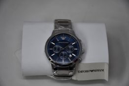 A men's as new Emporio Armani AR2448 stainless steel blue dial chronograph watch (No box).