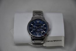 A men's as new Emporio Armani AR2448 stainless steel blue dial chronograph watch (No box).