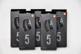 Five boxed as new Xiaomi Mi Smart Band 5 Fitness Trackers in black.