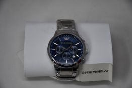 A men's as new Emporio Armani AR2448 stainless steel blue dial chronograph watch (No box).