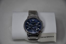 A men's as new Emporio Armani AR2448 stainless steel blue dial chronograph watch (No box).