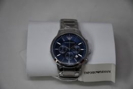 A men's as new Emporio Armani AR2448 stainless steel blue dial chronograph watch (No box).