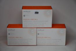 Three boxes of Healthycell Focus+Recall gel supplements (30 servings per box).
