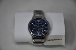A men's as new Emporio Armani AR2448 stainless steel blue dial chronograph watch (No box).