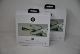 Two as new boxed and sealed Bang & Olsen moss green Beoplay H5 wireless earphones (SN31089925).