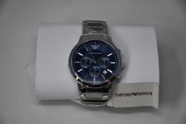 A men's as new Emporio Armani AR2448 stainless steel blue dial chronograph watch (No box).