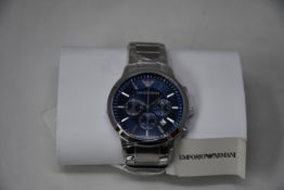 A men's as new Emporio Armani AR2448 stainless steel blue dial chronograph watch (No box).