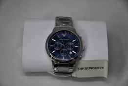 A men's as new Emporio Armani AR2448 stainless steel blue dial chronograph watch (No box).