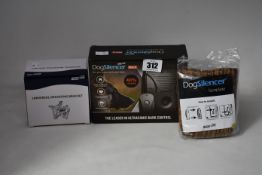 A boxed as new Goodlife Dog silencer max bark training device with boxed attachment bracket and tree