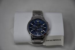 A men's as new Emporio Armani AR2448 stainless steel blue dial chronograph watch (No box).