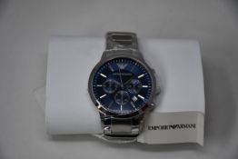 A men's as new Emporio Armani AR2448 stainless steel blue dial chronograph watch (No box).