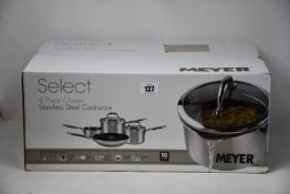 A boxed as new Meyer Select 4-piece classic stainless steel cookware set.