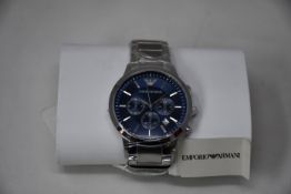 A men's as new Emporio Armani AR2448 stainless steel blue dial chronograph watch (No box).