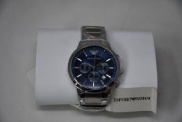 A men's as new Emporio Armani AR2448 stainless steel blue dial chronograph watch (No box).