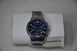A men's as new Emporio Armani AR2448 stainless steel blue dial chronograph watch (No box).