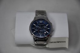 A men's as new Emporio Armani AR2448 stainless steel blue dial chronograph watch (No box).
