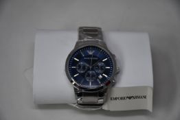 A men's as new Emporio Armani AR2448 stainless steel blue dial chronograph watch (No box).