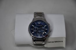 A men's as new Emporio Armani AR2448 stainless steel blue dial chronograph watch (No box).