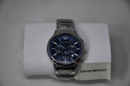 A men's as new Emporio Armani AR2448 stainless steel blue dial chronograph watch (No box).