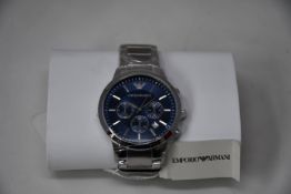 A men's as new Emporio Armani AR2448 stainless steel blue dial chronograph watch (No box).
