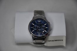 A men's as new Emporio Armani AR2448 stainless steel blue dial chronograph watch (No box).