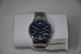 A men's as new Emporio Armani AR2448 stainless steel blue dial chronograph watch (No box).