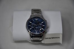 A men's as new Emporio Armani AR2448 stainless steel blue dial chronograph watch (No box).