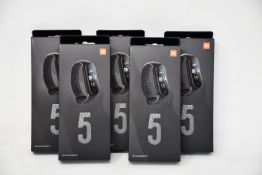 Five boxed as new Xiaomi Mi Smart Band 5 Fitness Trackers in black.