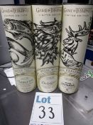 Three Game of Thrones single malts; House of Tully The Singleton, House of Stark Dalwhinnie and