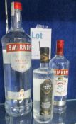 One 3L bottle of Smirnoff vodka, one bottle of The Lakes English vodka (70cl) and a bottle of