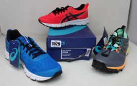 Three pairs of as new Asics trainers; men's Gel-Run 33 (UK 9), women's Gel-Run 33 (UK 4) and women's