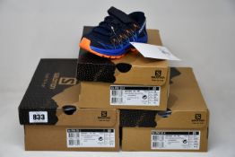 Three pairs of children's as new Salomon XA Pro 3D shoes (UK 8.5, 9.5k, 5).