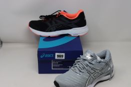 Three pairs of women's as new Asics trainers; two pairs of Gel-Exalt 5 (UK 5, 8) and Gel-Nimbus