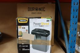 A Duronics PS571 Shredder and a Fellowes PowerShred Shredder, both boxed.