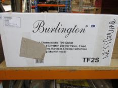 A boxed Burlington London TF2S shower arm, handset and holder with hose (Excluding shower head).