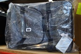 An as new Rewind Duffle with wheels 55cm in navy blue and white stripes.