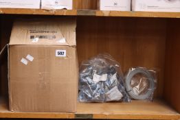 A box containing a quantity of assorted Festo components to include 153132 Threaded-to-Tubes