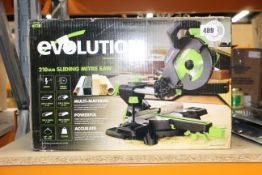 A boxed as new Evolution F210SMS Multi-Material Sliding Mitre Saw, 210 mm.