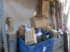 A large quantity of weights and related items to include: a weightlifting rack, dumbbells,