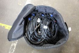 A bag of approximately thirty guitar/bass cables for amplifiers.
