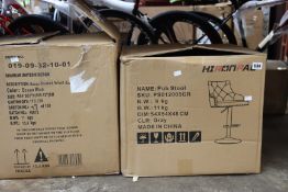 A boxed Hironpal grey pub stool and a boxed Rocco blue brushed velvet bar stool.