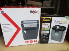 A boxed as new Rexel Momentum X312 shredder and a Fellowes power shred W-1C.