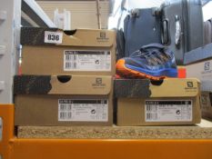 Three pairs of children's as new Salomon XA Pro 3D shoes (UK 10.5K, 4, 5).