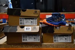 Three pairs of children's as new Salomon XA Pro 3D shoes (UK 9.5k, 10.5K, 5).