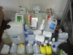 A quantity of miscellaneous liquids to include: strong bleach, sanitiser and Adblue. (Viewing