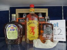Five bottles of assorted whiskey's, Fireball cinnamon whisky (700ml), Crown Royal fine de luxe
