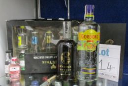 Three bottles of assorted gins, Gordon's London dry gin (1l), 6 o'clock damson gin (700ml) and 6 o'