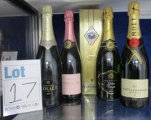 Five bottles of assorted champagne, Pommery Royal Grand Cru (750ml), Collet brut (750ml), Moet &